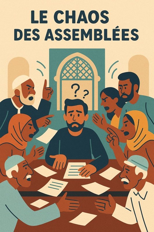 Une assemblée de copropriétaires en désordre : on se dispute, les papiers volent, le président est dépassé.